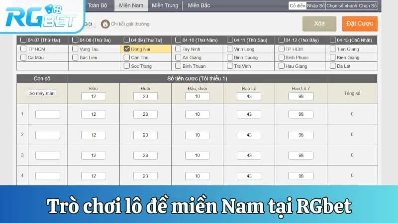 Trò chơi lô đề miền Nam tại RGbet